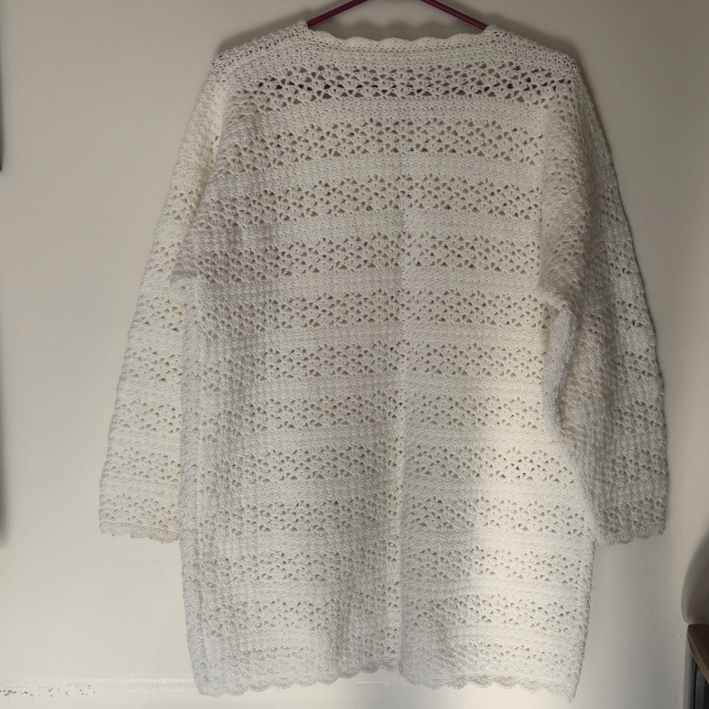 Vintage Crochet Longline Cardigan Pearl Button Coquette White L/XL - Picture 2 of 14